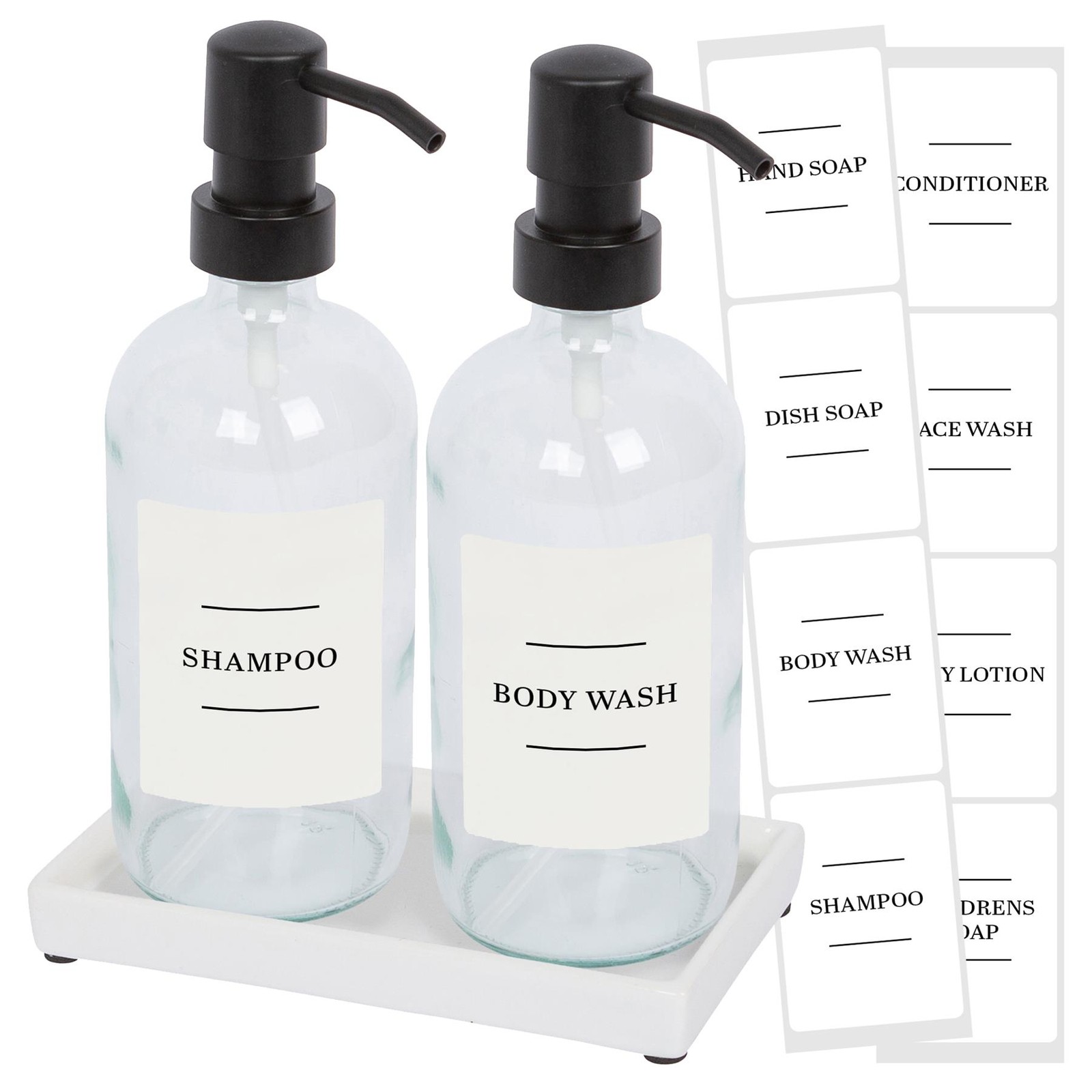 Harbour Housewares 2 Piece Glass Soap Dispenser Set with Ceramic Tray and Labels - 500ml Clear Refillable Bottles with Black Pumps and White Labels - Bathroom Accessories for Hand Wash or Lotion - Image 2