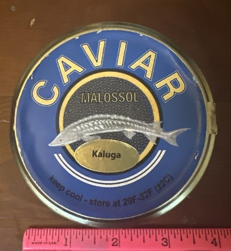 Russian 100 Gram / 3.53 Oz. Empty Kaluga Black Caviar Jar Blue Metal Lid & Glass - Picture 5 of 17