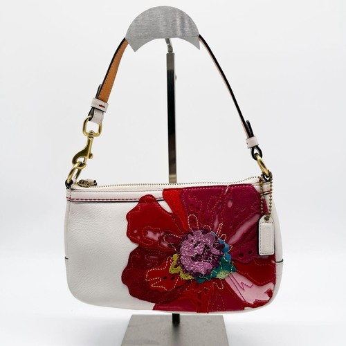 COACH Vintage 9291 Floral Embroidery White Leather Pouch Handbag - Picture 21 of 24
