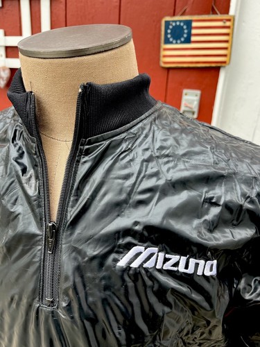 NWT Vtg Mizuno Polyurethane Wet Look PVC Pullover Baseball Jacket Black Mens L - Picture 2 of 7