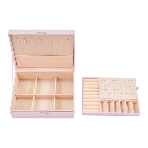 Joyero de PU de dos pisos Caja de almacenamiento de joyas de 2 niveles con cerradura - Imagen 14 de 24