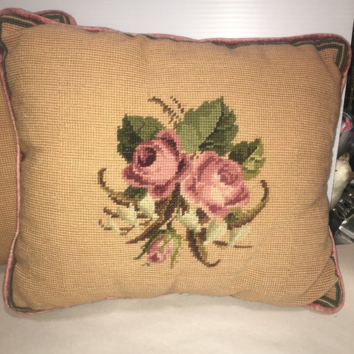 VTG Floral Needlepoint Throw Pillows Velvet Back Roses 13” X 16” Cottage core - Picture 3 of 11