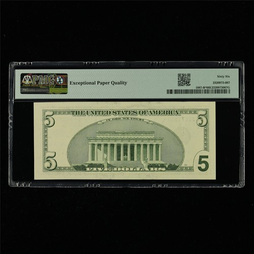 1999 Federal Reserve Note New York 5 Dollars Fr#1987-B* PMG 66 EPQ Gem UNC - Picture 2 of 4