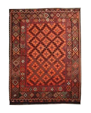 Deep Red Afghan Kilim Rug: Large Geometric Wool Handmade Carpet (6.7 x 11.1 ft.)