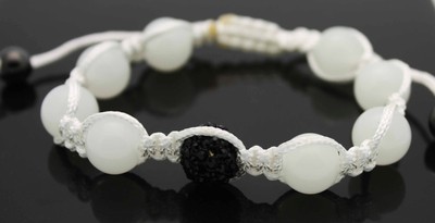 Macrame Beaded Bracelet with White Glass beads and black crystal ball ADJUSTABLE