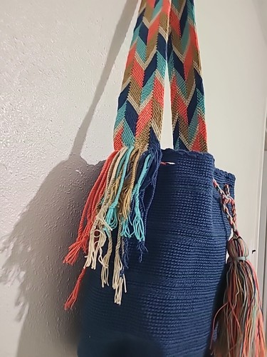 Tasche Wayuu Mochila Bucket Boho Crossbody Colombia Rioacha Schiefer Blau Orange - Bild 4 von 9