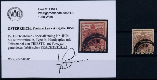 ÖSTERREICH 1850 6kr ROTBRAUN! HP Type I.b TRIESTE (Kü) Uwe STEINER Befund! P! ÖSTERREICH 1850 6kr ROTBRAUN! HP Type I.b TRIESTE (Kü) Uwe STEINER Befund! P!
