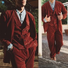 New Red Corduroy Single Breasted Suits for Men Casual Outfits 2 Pieces Loose Fit