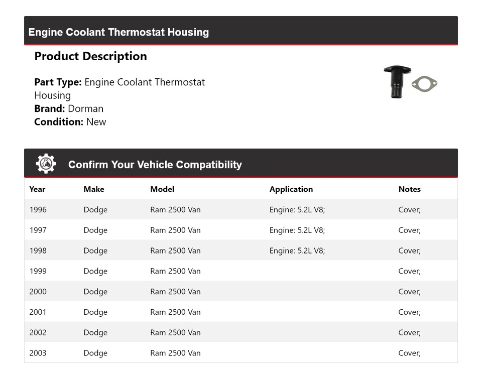 Carcasa termostato refrigerante motor Dorman furgoneta Dodge Ram 2500 1996-2003 1997 Foto 2 de 4