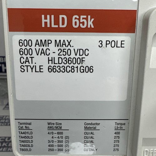 EATON HLD3600F 500 Amp 600V 3 Pole 65kA Circuit Breaker 6LES500T Trip-Warranty - Picture 3 of 8
