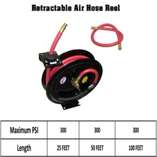 25 Ft/ 50 Ft/ 100 Ft x 3/8" Retractable Air Hose Reel Wall Truck Mount 300 PSI