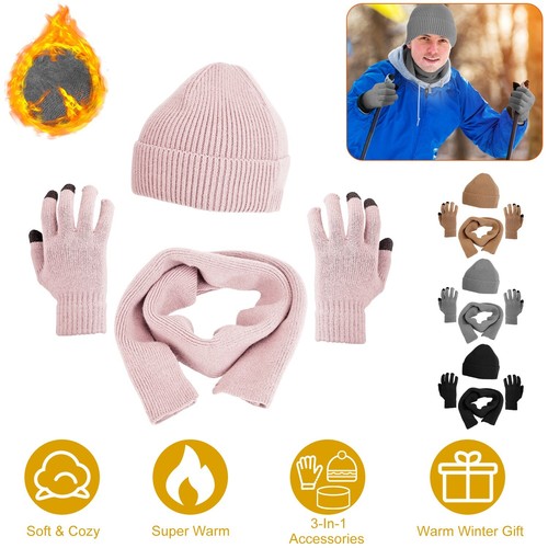 Winter Warm Knitted Set Plaid Scarf Beanie Hat Touch Screen Gloves for Men Woman - Picture 31 of 48