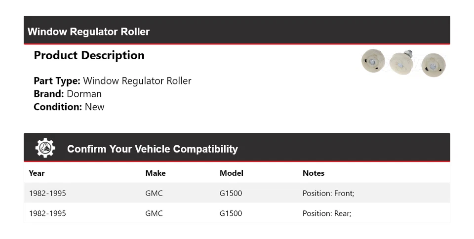 For 1982-1995 GMC G1500 Dorman Window Regulator Roller 1983 1984 1985 1986 1987 - Image 2 of 4