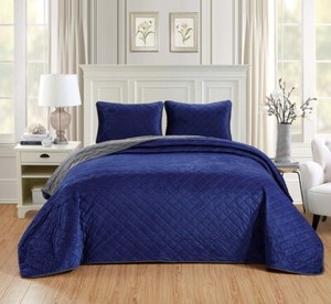 3pc Oversize King Navy Blue Dark Grey Solid Velvet Bedspread Quilt