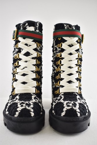 Gucci Black White GG Logo Tweed Lace Up Tie Block Heel Lug Sole Combat Boot 36.5 - Picture 11 of 17