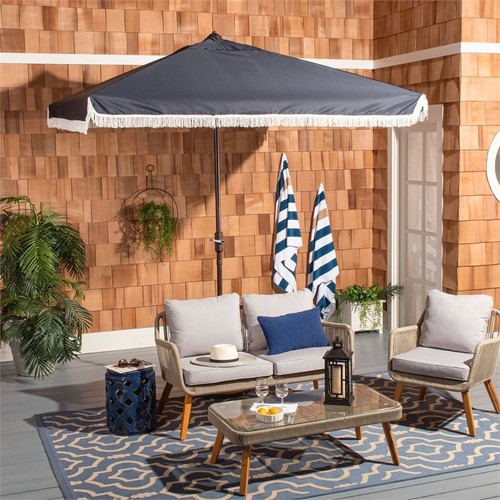 Safavieh Milan Fringe 7.5ft Square Metal/Polyester Market Umbrella in Navy - Picture 2 of 5