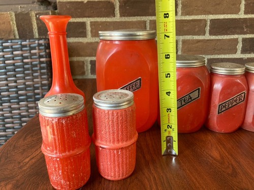 Rare Vintage 10 Pc Fired on Orange Range Set Salt & Pepper Shakers Canisters - Picture 2 of 24
