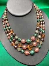 1950s 3 strand White Mint Pink Glass beaded necklace  15 - 17  Signed Japan