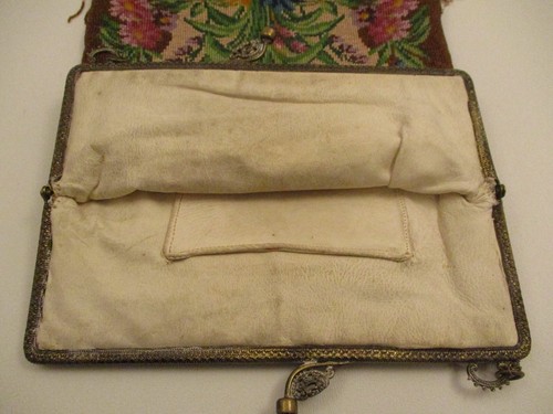 Antique Micro Beaded Purse Flowers Birds Design Ornate Brass Inlaid Frame - Picture 9 of 12