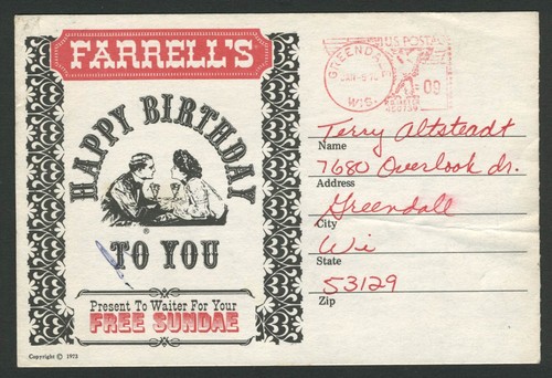 Greendale WI: 70er Jahre Reklame. Postkarte Farrell's Eisdiele Southridge Mall - Bild 2 von 2
