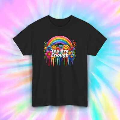 You Are Enough Rainbow Smiley Face Flowers Inspirational Positive Graphic Tee