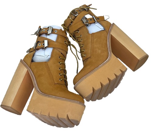 Jeffrey Campbell Platform Boots 11M Tan Leather Cut Out Details Lace Up NICE! - Picture 6 of 20