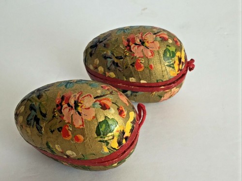 Vtg 2 Decorative Floral Paper Mache Covered Oval Trinket  Box 4"L x 2.5" GERMANY - Picture 1 of 12