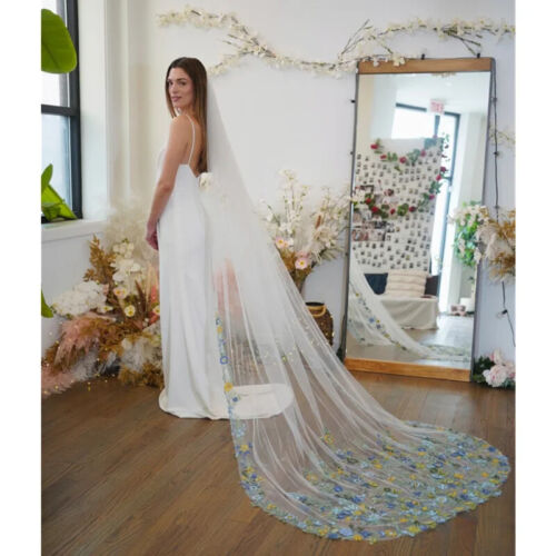3D Multi-Color Flowers Lace Wedding Veil Fingertip Chapel Cathedral Bridal Veil - Picture 2 of 4