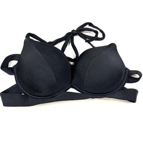 Victorias Secret 34A Hottie Halter Bikini Top Pushup Solid Black Underwire #2938