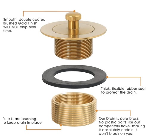 100% Brass Lift & Turn Bathtub Drain Kit - Brushed Gold - Universal Fit - Picture 2 of 5