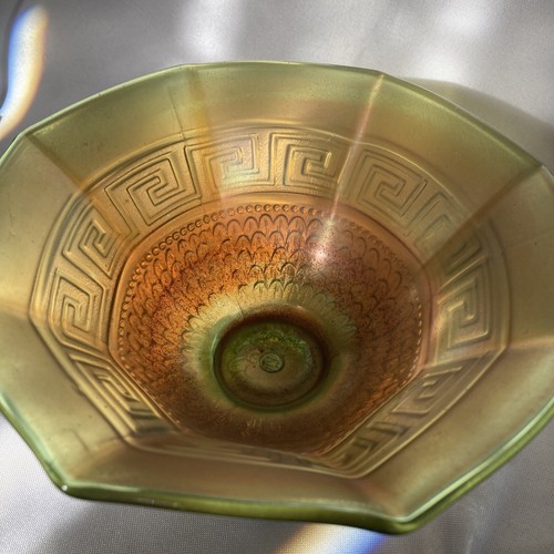Northwood Greek Key w/ Scales Footed Octagonal Bowl Green Antique Carnival Glass - Picture 10 of 12