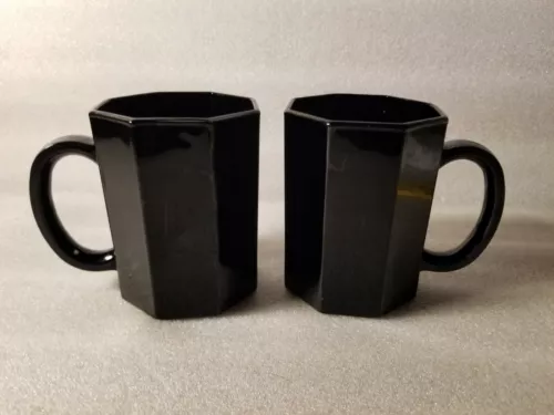2x Arcoroc Black Glass Octagon Coffee Mugs Cups Made in France Vintage
