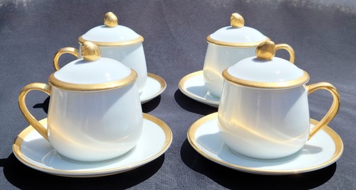 Vintage EVAN'S "Pots de Creme" CREAM CUPS w/LIDS & SAUCERS *Set of 4* White Gold - Picture 2 of 8
