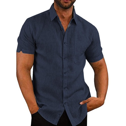 COTTON LINEN Mens Solid Shirts Casual Summer Short Sleeve Tops Blouse T-Shirt 46 - Picture 9 of 29