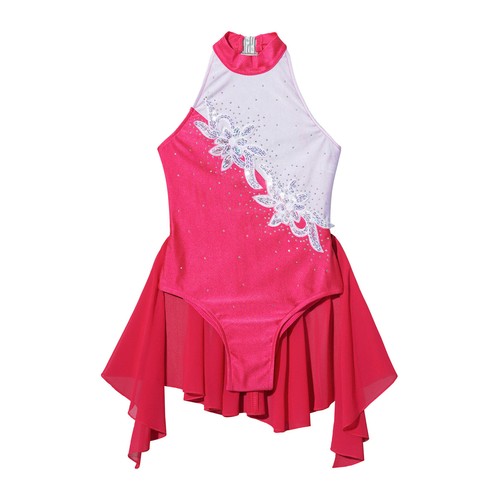 UK Kids Girl Leotards Irregular Hem Dancewear Rhinestone Dance Dress Ice Skating - Picture 8 of 39