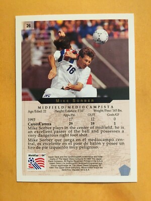 1994 Upper Deck World Cup #26 USA Mike Sorber Soccer Card | eBay