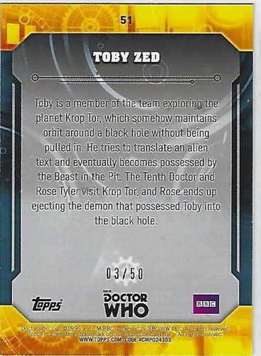 Doctor Who Signature Series 2017: #51 Toby Zed, Base Trading Card # 3/50 - Picture 2 of 2