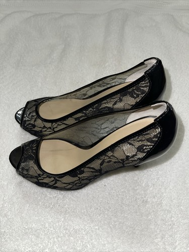 GUESS Gaminata schwarze Spitze Kunstleder Peeptoe Plateau Stilettos 8M - Bild 4 von 9