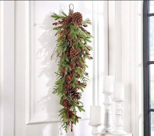 Wicker Park 36" Unlit RED Berry & Pinecone TEARDROP Swag QVC H232891 Reg $66 - Picture 1 of 2
