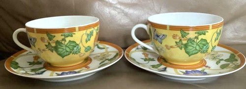 Hermes Siesta Tea Cup Saucer Tableware Yellow Floral Dinnerware 2 set Auth New - Picture 5 of 12