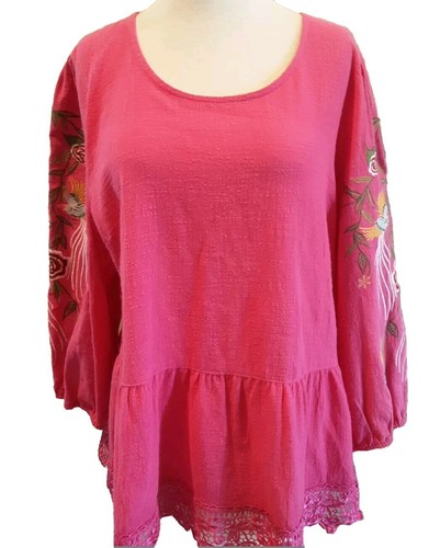 Top CALESSA rosa caldo ricamato uccellini manica a fiori pizzo cotone L-XL - Foto 4 di 12