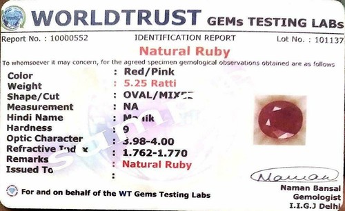 8.45 Carat Manik Stone Original Certified Natural Burma Ruby Loose Gemstone - Picture 2 of 2