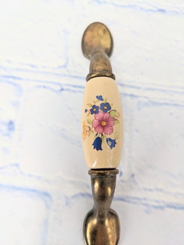 Vintage brass ceramic floral knob bail cabinet drawer dresser pull handle  - Picture 1 of 9