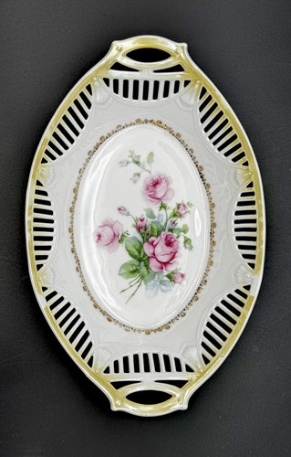 ACS BAVARIA Germany Reticulated Oval Bowl Dish 10.6” Hand Painted Roses Handles - Picture 2 of 7