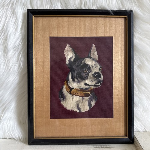 VTG 1941 Needlepoint Boston Terrier Dog Framed Art Wall Hanging 14”x11” Picture - Picture 3 of 12