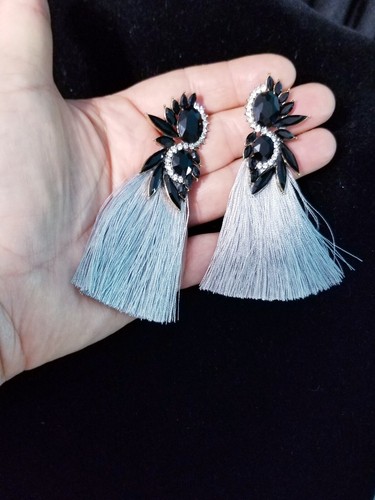 Tassel Drop Dangle Chandelier Earrings 3.5 inch Gray Rhinestone Pageant Prom - Picture 7 of 17