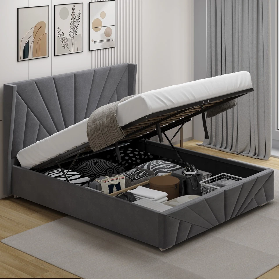 Sunrise Velvet Ottoman Storage Bed Frame with Lift-Up Single Double King Size