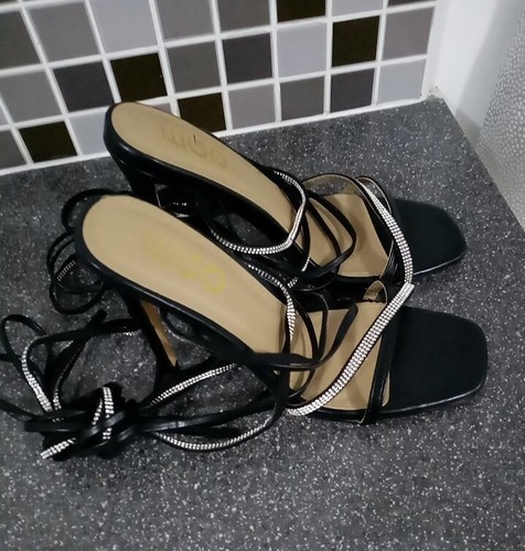 Ego Black And Diamonte Applique Strappy Stilleto Heeled Shoes Size 5 - Picture 3 of 7