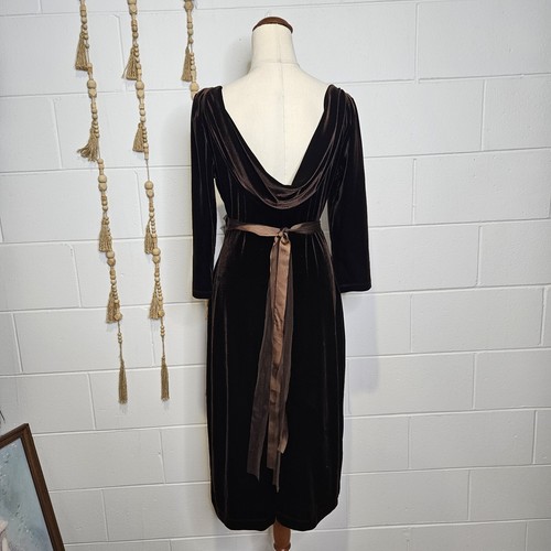 Lounge Australia Brown Velvet Dress Stretchy Size 12 Bodycon Midi Vintage 90s - Picture 4 of 15