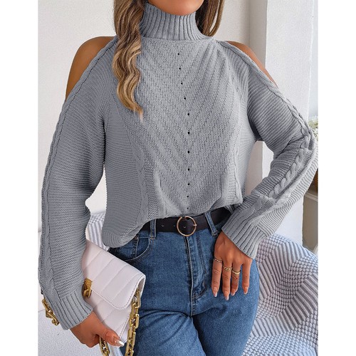 Women's Pullover Sweater Long Sleeve Knitted Off The Shoulder High Neck Knitwear - Bild 18 von 19